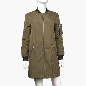 CASTING LA Longline Full Zip Quilted Lined Bomber Jacket (Green | Size M)